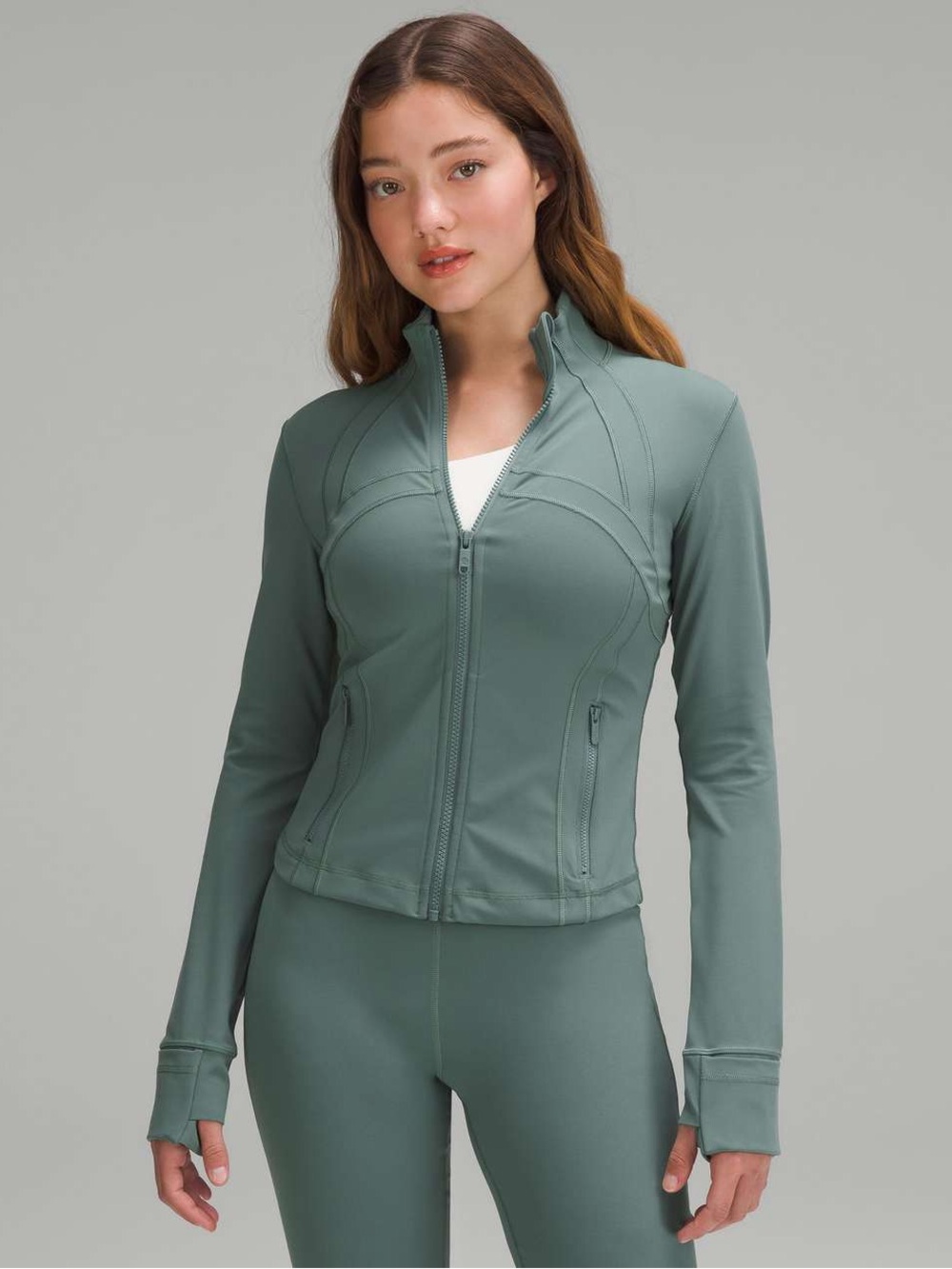Lululemon Ribbed Cropped Define Full Zip Medium Forest Light Teal Nulu Jacket 8
